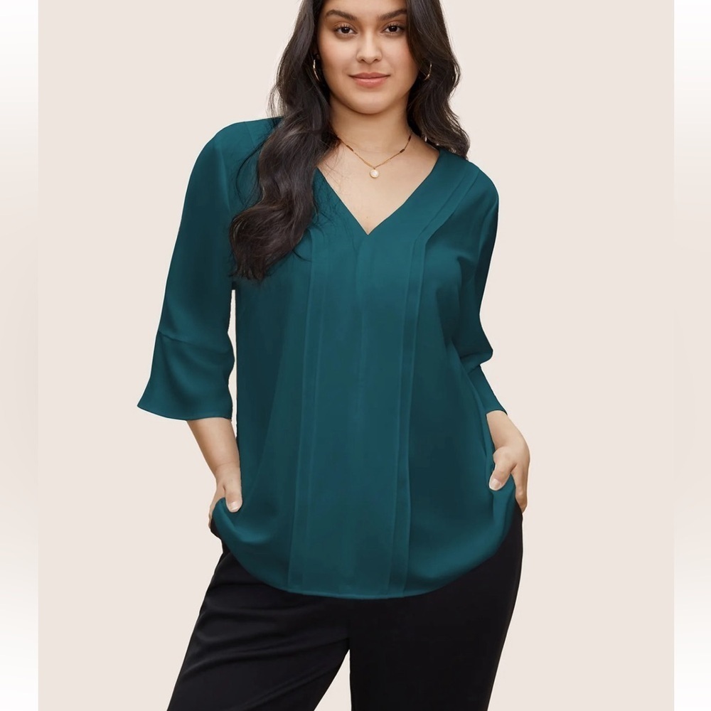 BloomChic Plus Size Blue V Neck Plain Ruffles Pleated Blouse